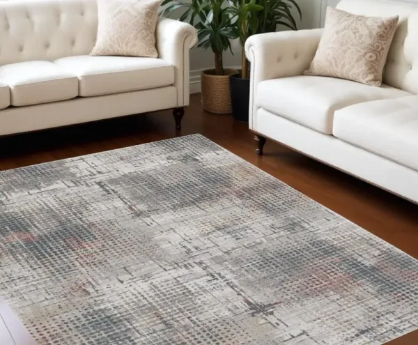 8' x 11' Abstract Area Rug - Ivory Gray And Gold