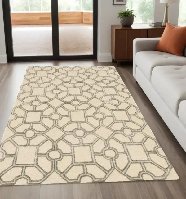 5' x 7' Wool Geometric Hand Tufted Area Rug - Beige Ivory And Brown