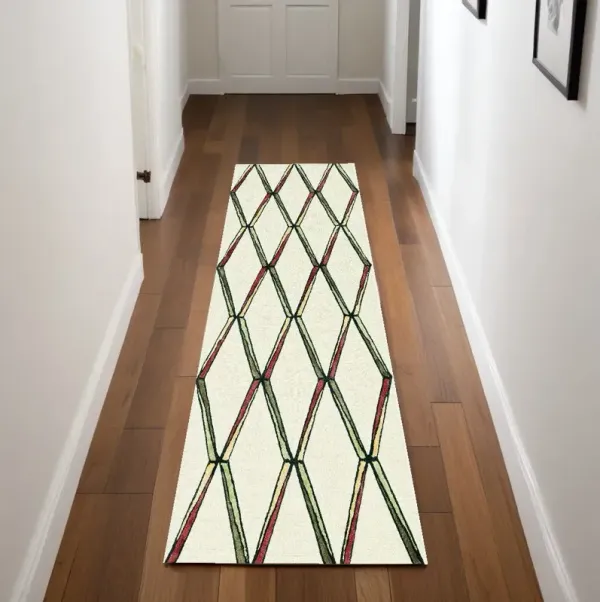 2' x 8' Geometric Diamond Wool Runner Rug - Cream Or Gold