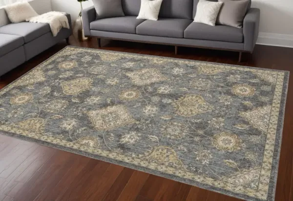 8' x 11' Machine Woven Bordered Floral Vines Indoor Area Rug - Slate Gray