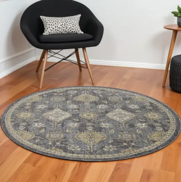 9' Machine Woven Bordered Floral Vines Round Indoor Area Rug - Slate Gray