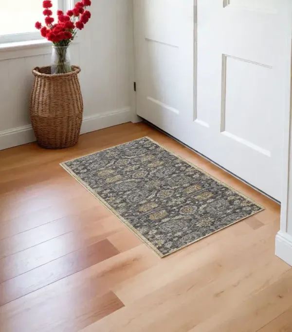 3' x 5' Floral Vine Bordered Wool Indoor Area Rug - Taupe