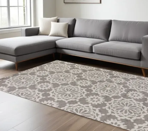 9' x 13' Floral Area Rug - Gray And Ivory