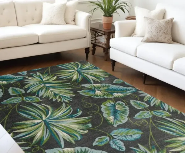 8' x 11' Machine Woven Oversized Tropical Leaves Indoor Area Rug - Gray Teal