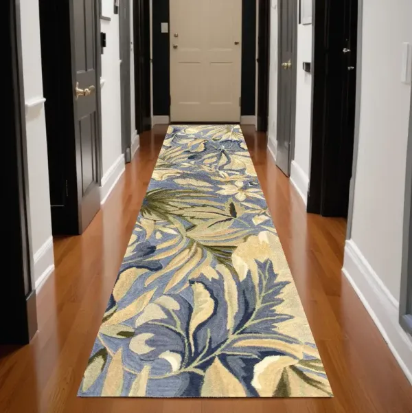 2' x 10' Tropical Leaves Wool Indoor Runner Rug - Blue