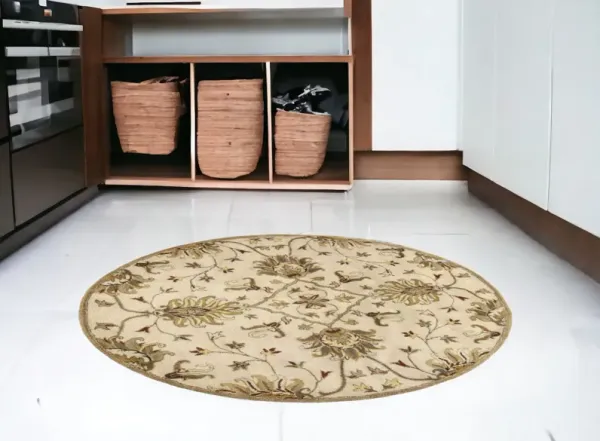 5' Round Floral Vine Wool Indoor Area Rug - Champagne