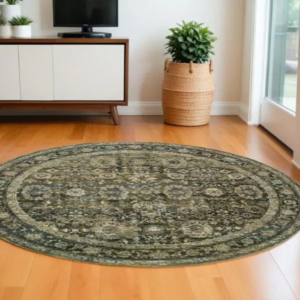 7' Round Floral Area Rug - Green And Brown