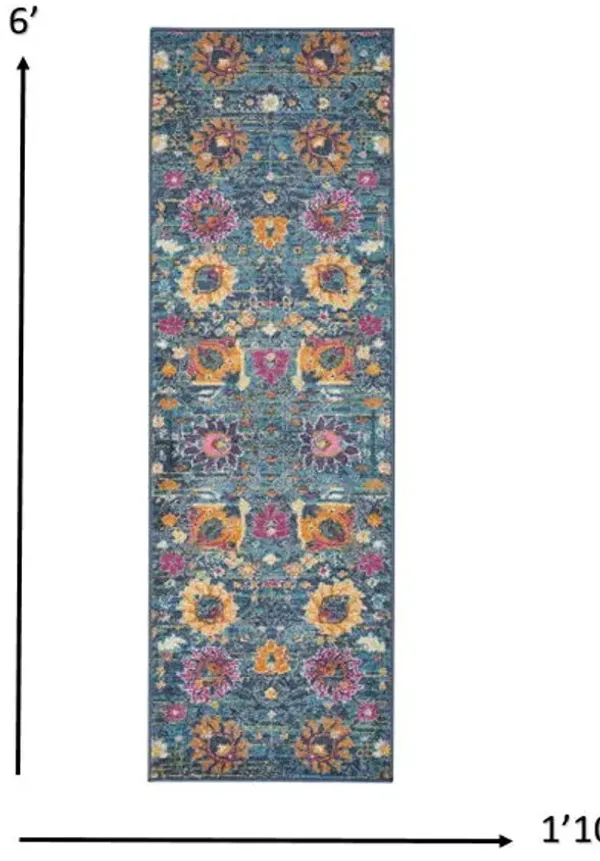 6' Floral Power Loom Runner Rug - Blue And Orange