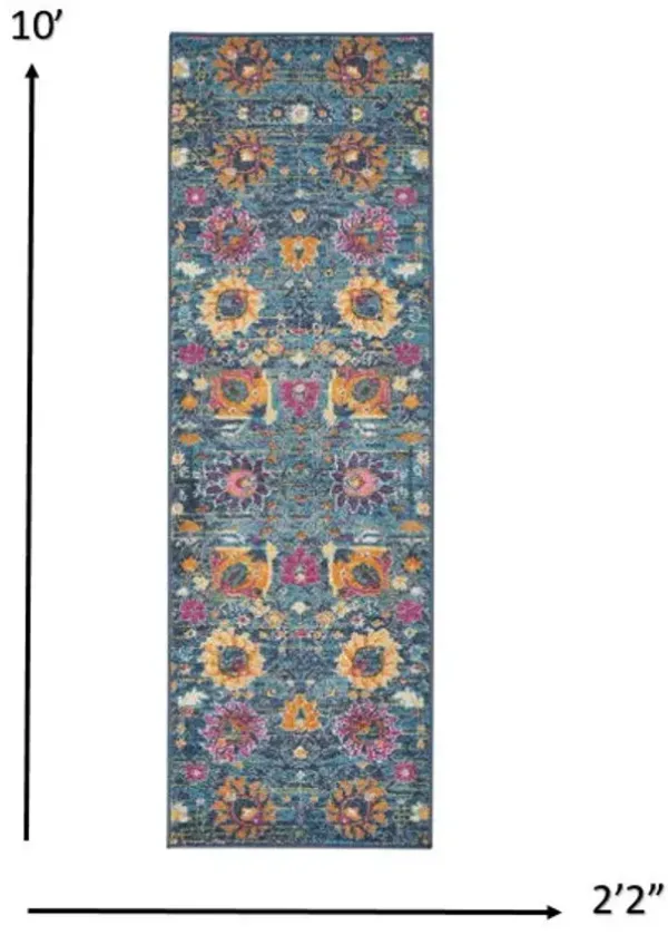 10' Floral Power Loom Runner Rug - Blue And Orange