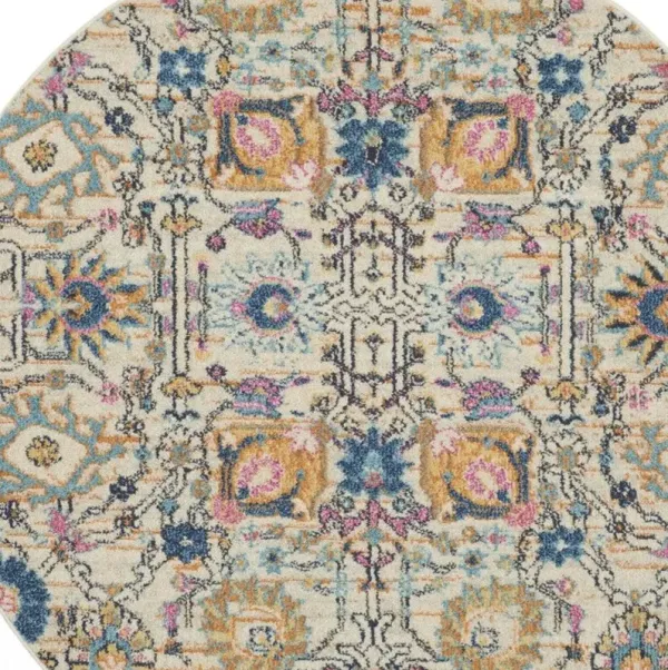 4' Round Floral Power Loom Area Rug - Orange And Ivory