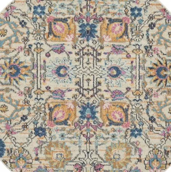 5' Round Floral Power Loom Area Rug - Orange And Ivory