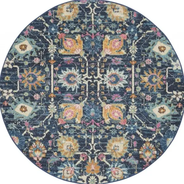 4' Round Floral Power Loom Area Rug - Navy Blue