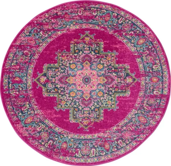 5.3' x 5.3' Round Power Loom Area Rug - Fuchsia