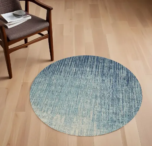 4' Abstract Power Loom Round Rug - Blue And Ivory