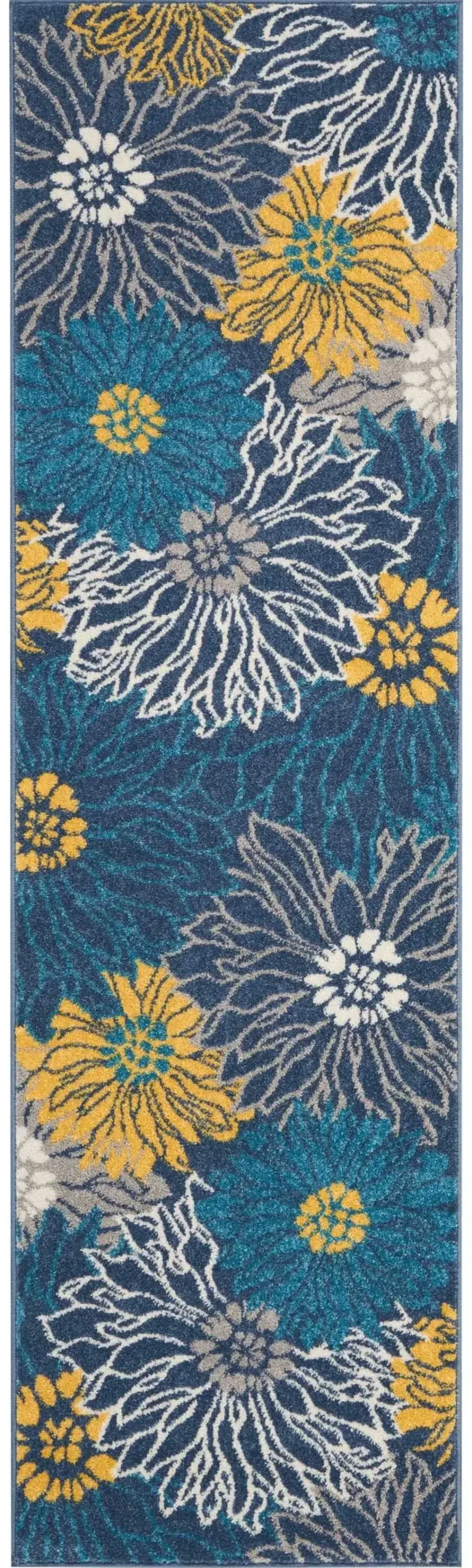 8' Floral Power Loom Polypropylene Runner Rug - Blue