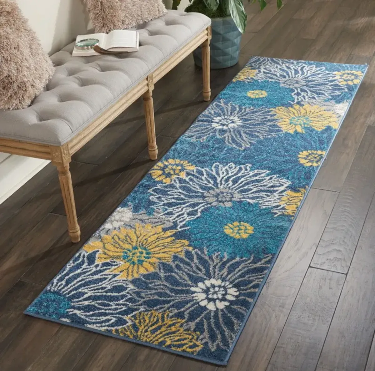 8' Floral Power Loom Polypropylene Runner Rug - Blue