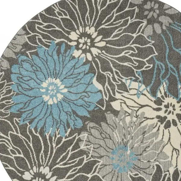 8' Round Floral Power Loom Area Rug - Blue And Gray