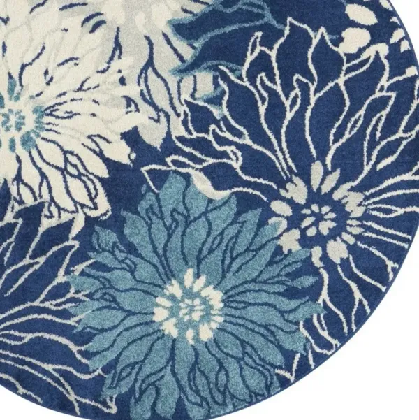 5' Round Floral Dhurrie Area Rug - Blue And Ivory