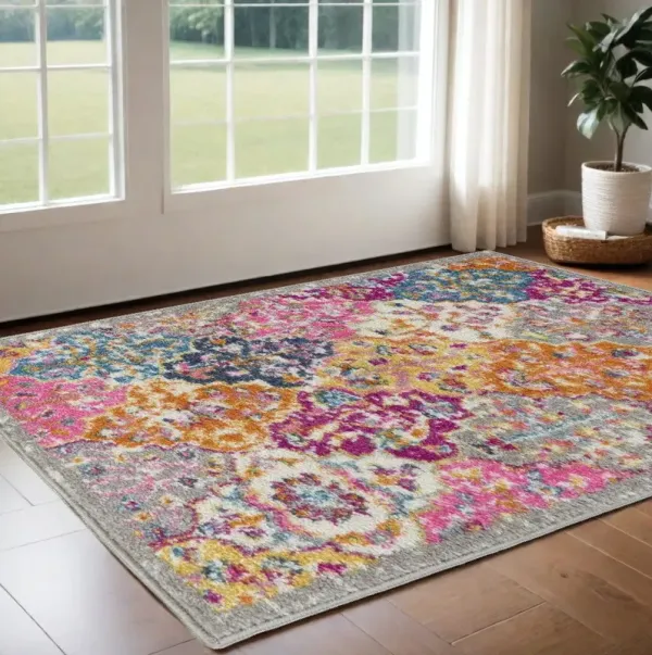 2' x 3' Geometric Dhurrie Area Rug - Pink And Gray