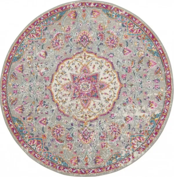 4' Round Power Loom Area Rug - Pink And Gray