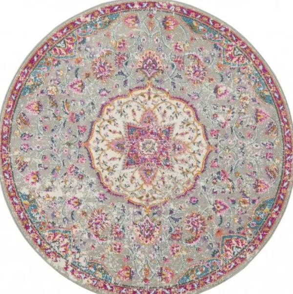 5' Round Medallion Power Loom Area Rug - Gray And Pink
