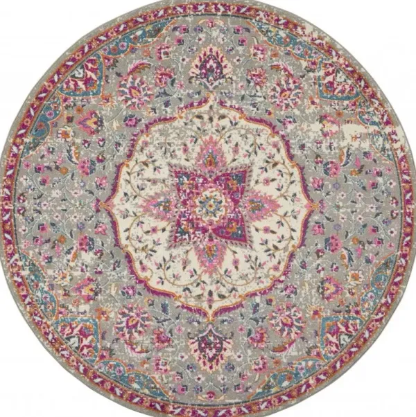 8' Round Power Loom Area Rug - Pink And Gray