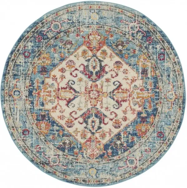 4' Round Power Loom Area Rug - Blue And Ivory