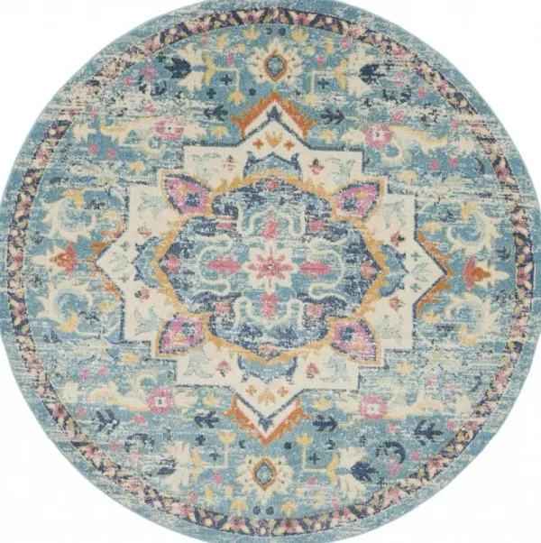 8' Round Dhurrie Area Rug - Blue And Ivory