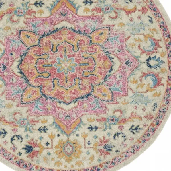 5' Round Southwestern Dhurrie Area Rug - Pink And Ivory