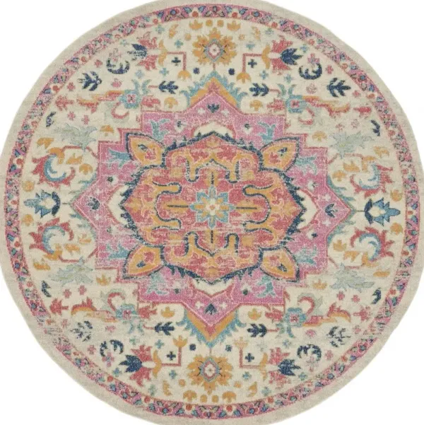 8' Round Southwestern Dhurrie Area Rug - Pink And Ivory