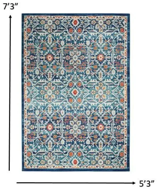 5.3' x 7.3' Floral Power Loom Area Rug - Blue And Ivory