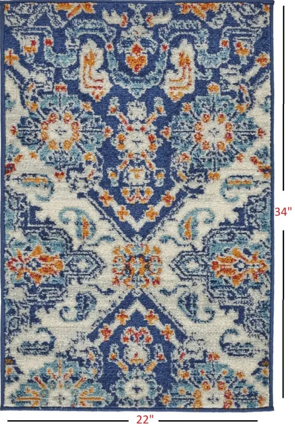 2' x 3' Floral Power Loom Area Rug - Blue And Ivory