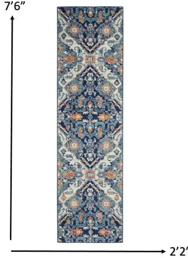 7.5' x 2.2' Floral Power Loom Runner Rug - Ivory And Blue