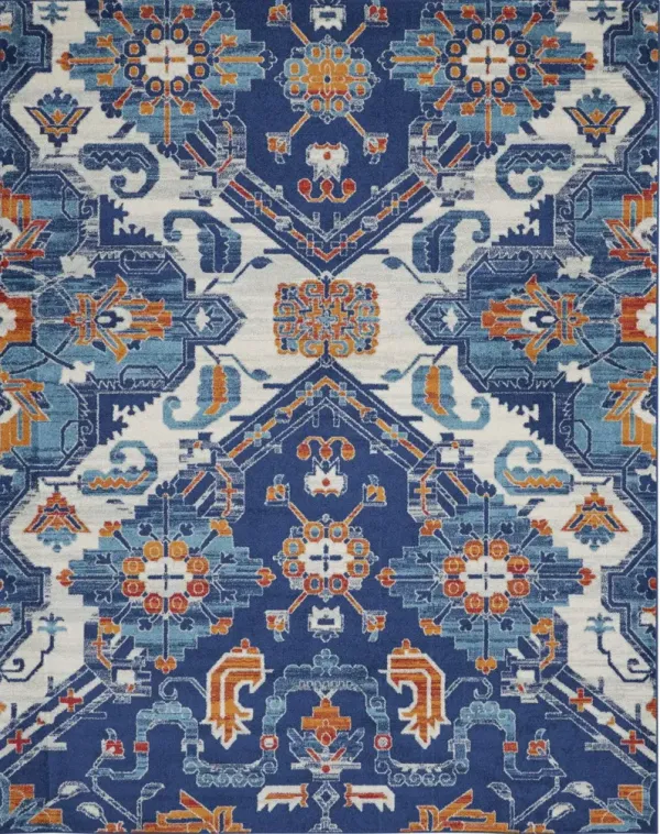 8' x 10' Floral Power Loom Polypropylene Area Rug - Blue And Ivory