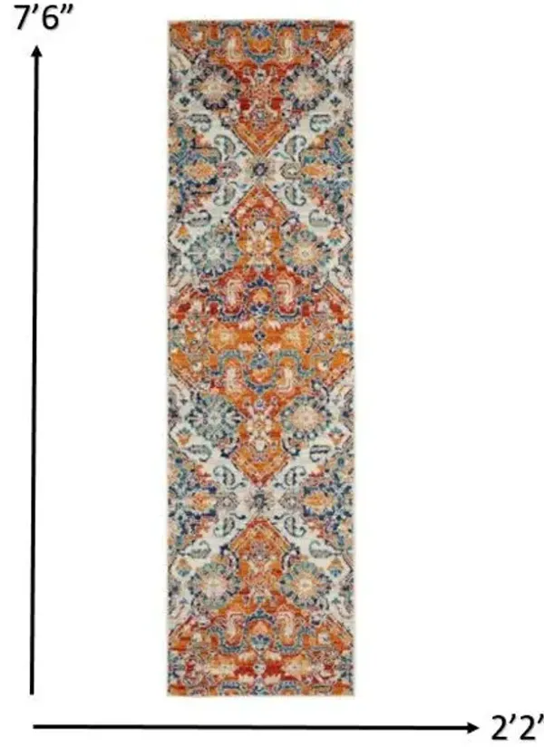 8' Floral Power Loom Runner Rug - Orange And Ivory