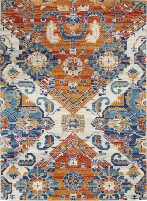 5.3' x 7.3' Floral Power Loom Area Rug - Orange And Ivory