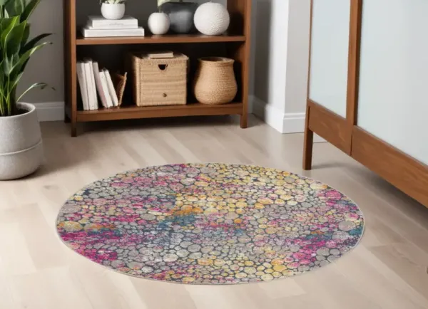 5' Round Coral Power Loom Area Rug - Pink And Ivory