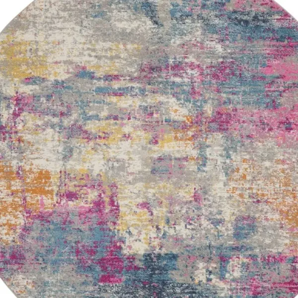 4' Round Abstract Power Loom Area Rug - Blue And Pink