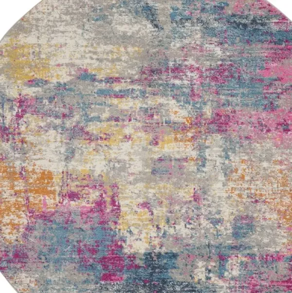 5.3' x 5.3' Round Abstract Power Loom Area Rug - Blue And Pink