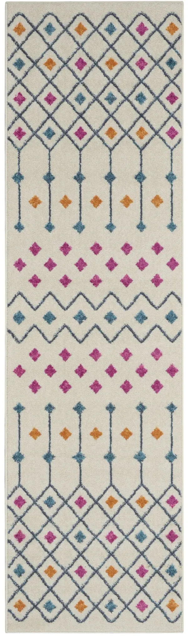 8' Geometric Dhurrie Runner Rug - Blue And Ivory