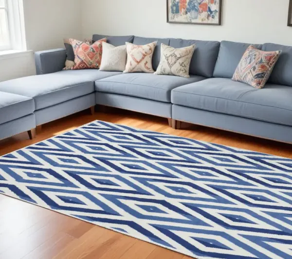 6' x 9' Geometric Dhurrie Area Rug - Blue And Ivory