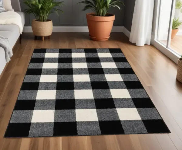 4' x 6' Monochromatic Gingham Pattern Indoor Area Rug - Beige Black