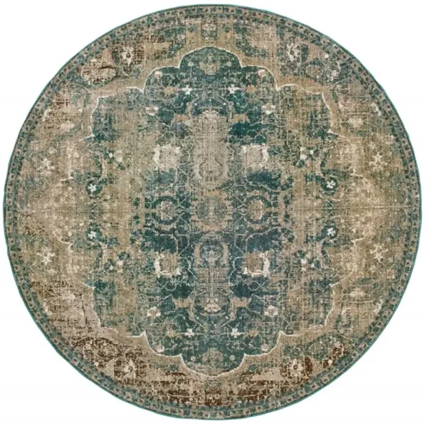 8' Round Distressed Indoor Area Rug - Sand And Blue