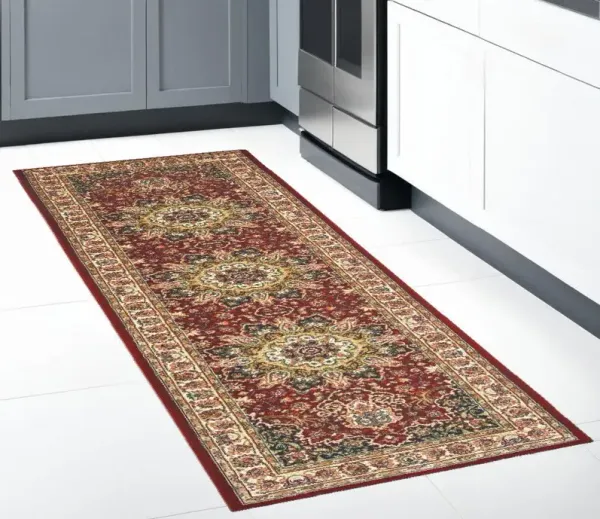 8' Machine Woven Oriental Indoor Runner Rug - Red Ivory