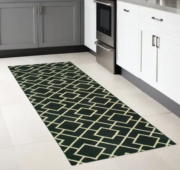 8' Machine Woven Geometric Diamonds Indoor Runner Rug - Black Ivory