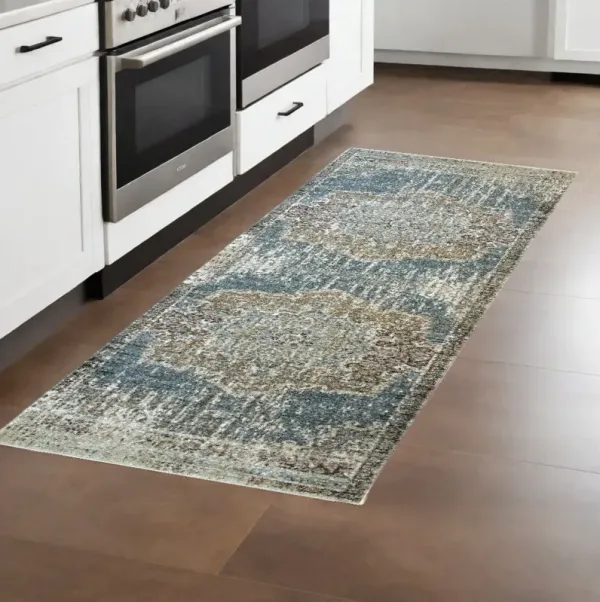 2' x 8' Medallion Runner Rug - Blue And Ivory