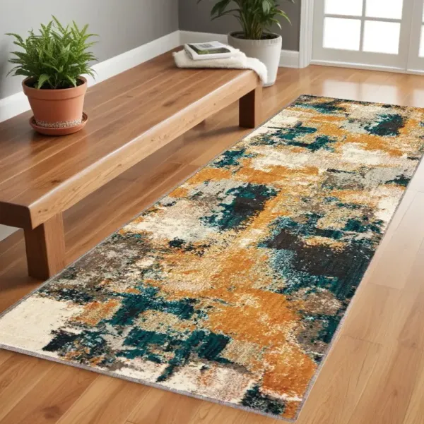 2' x 8' Abstract Strokes Runner Rug - Blue And Gold