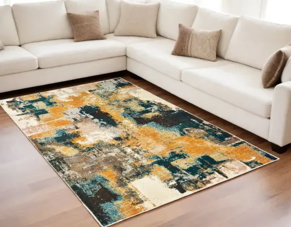 5' x 8' Abstract Power Loom Area Rug - Cream Black And Orange