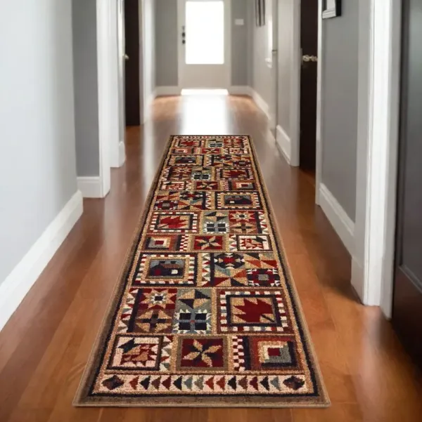 2' x 8' Ikat Patchwork Runner Rug - Brown And Red
