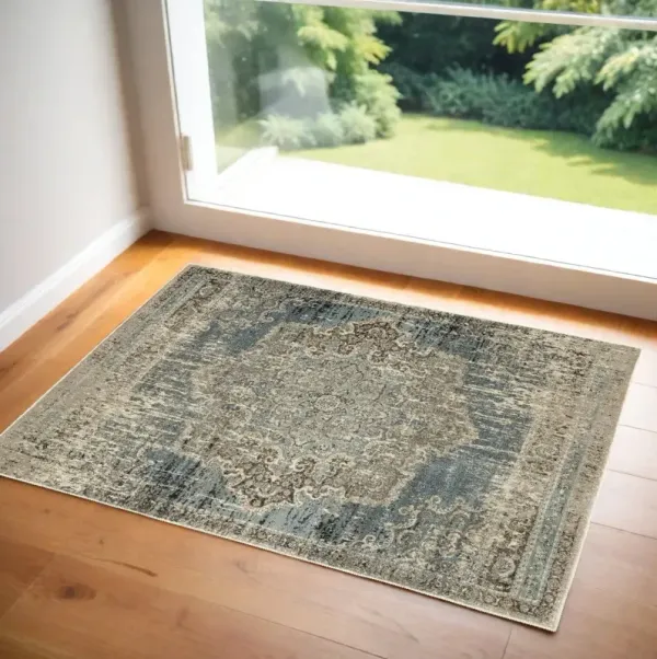 1.8' x 3' Power Loom Area Rug - Blue And Ivory